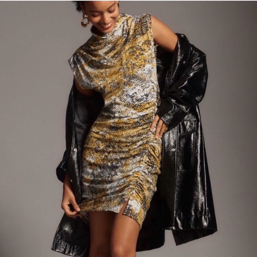 Anthropologie Gold and Gray Ruched Mock-Neck Mini Dress python print nwt xs